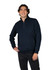 A navy blue men's half zip fleece jumper displayed on a model, featuring a zippered neck and side pockets.