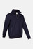 A navy half zip fleece jumper with a side pocket and logo, featuring long sleeves and a comfortable fit.