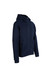 A navy blue men's hoodie with a zip front and a hood, featuring side pockets and a logo.