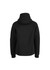 A black hoodie featuring a snug fit and a spacious hood, with a comfortable design and a branding logo.