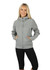 A grey women's junior hoodie featuring a zip-up front and side pockets, modelled by a smiling woman.