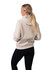 A beige women's zippered hoodie featuring a kangaroo pocket and a hood, worn by a model from the back.