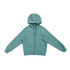 A green women's cotton hoodie with a kangaroo pocket and zipper, featuring a hood and ribbed cuffs.