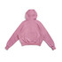 A pink cotton half-zip jumper with a hood and ribbed cuffs, featuring a logo on the back.