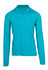 A turquoise half zip mock neck jumper with long sleeves, featuring a logo on the chest.