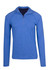 A blue half zip mock neck jumper with long sleeves and a dark contrasting back panel. It features a logo.