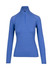 A blue long-sleeve half zip mock neck shirt for women, featuring a fitted design and a small logo.