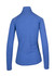 A blue women's half zip mock neck shirt with long sleeves and a fitted design, featuring a logo on the back.