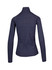 A navy women's half zip mock neck shirt featuring long sleeves and a fitted design, with a branding logo on it.