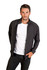 A men's heather jacket in dark grey, featuring a zip front and a stand-up collar. Model poses with hands in pockets.
