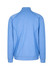 A blue heather jacket with long sleeves and a high collar, featuring a logo on the back.