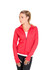 A red women's jacket with a zip, featuring long sleeves and a fitted style, has a logo on it.