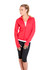 A woman wearing a bright red jacket over a white top, paired with black leggings. The jacket has a logo.