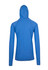 A blue unisex hoodie with long sleeves and a fitted hood, featuring a logo on the back.