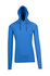 A blue unisex hoodie with a drawstring hood and long sleeves, featuring a logo on the front.