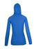 A blue women's fusion T-shirt hoodie featuring a stylish hood and long sleeves, with a branding logo.