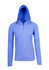 A blue half-hood top featuring a zippered neckline and a hood, with long sleeves. It has a logo on it.