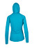 A turquoise hoodie with a fitted silhouette and a hood, featuring long sleeves and a smooth texture.