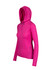 A vibrant pink half-hood top with a fitted design and long sleeves, featuring a zipper pocket and a hood.