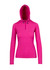 A pink women's half-hood top with long sleeves and a hood, featuring a drawstring adjustment and a logo.