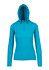 A turquoise women's half-hood top with long sleeves and a zippered neck, featuring a logo.