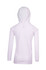 A white kids' hoodie with a back view, featuring a hood and long sleeves. Includes a logo emblem.