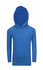 A blue long-sleeve hoodie featuring a large hood and a comfortable fit, designed for kids. It has a logo.