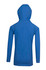 A blue kids' fusion t-shirt hoodie featuring a hood and long sleeves, with a logo on the back.