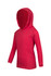 A red kids' fusion t-shirt hoodie featuring long sleeves and a hood. The fabric has a textured look and a fitted style.