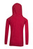 A red hoodie with a hood and long sleeves, featuring a plain back design and a branding logo.