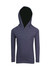 A navy hoodie with a distinctive hood and long sleeves, featuring a simple design and no visible logos.