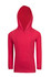 A red hoodie featuring a hood and long sleeves, designed for kids. It has a smooth finish and a simple style.