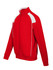 A red unbrushed contrast jacket featuring white detailing and a zippered front. The jacket has a sporty design.
