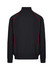 A black men's unbrushed contrast jacket featuring red piping along the seams and a high collar. It has a logo on the back.