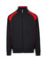 A men's unbrushed track jacket in black with red contrasting details and a zip front. Features a logo.