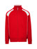 A red unbrushed contrast jacket with white detailing and a zip front, featuring a logo on the chest.