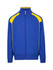 A blue track jacket with yellow contrast panels and a zip front, featuring a logo on the chest.