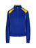 A blue and yellow unbrushed contrast jacket with a zip front and a high collar. It features a logo.