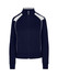 A navy jacket featuring contrast detailing and a zip-up front. It has a branded logo.