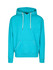 A turquoise hoodie with a front pocket and a hood, featuring a drawstring. It has a branding logo.