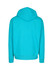 A turquoise hoodie with a drawstring hood, featuring a logo, shown from the back view.