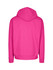 A pink hoodie with a kangaroo pocket and a hood, featuring a simple back design. It has a branding logo.
