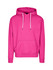 A bright pink hoodie with a front pocket and drawstring hood, featuring a logo on the design.