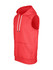A red sleeveless hoodie featuring a front pocket and a drawstring hood, with branding visible.
