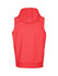 A red sleeveless hoodie featuring a hood and a logo on the back.