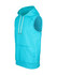 A sleeveless hoodie in vibrant aqua, featuring a front pocket and a hood, with a logo on the chest.