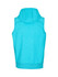 A turquoise sleeveless hoodie with a hood and a fitted bottom. It features a logo on the back.
