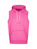 A pink sleeveless hoodie with a front pocket and a hood, featuring a brand logo.