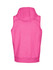 A sleeveless pink hoodie with a hood and a fitted waistband, featuring a logo on the back.