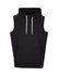 A black sleeveless hoodie with a kangaroo pocket and drawstring hood, featuring a logo on the front.